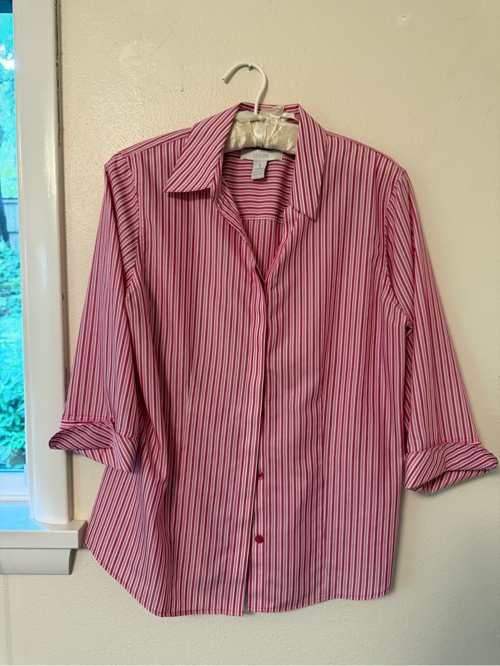 Chico's Pink and White Striped Button-Down Shirt